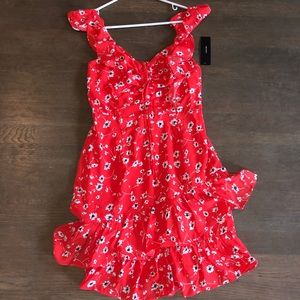 On the Patio Red Floral Print Ruffle Mini Dress